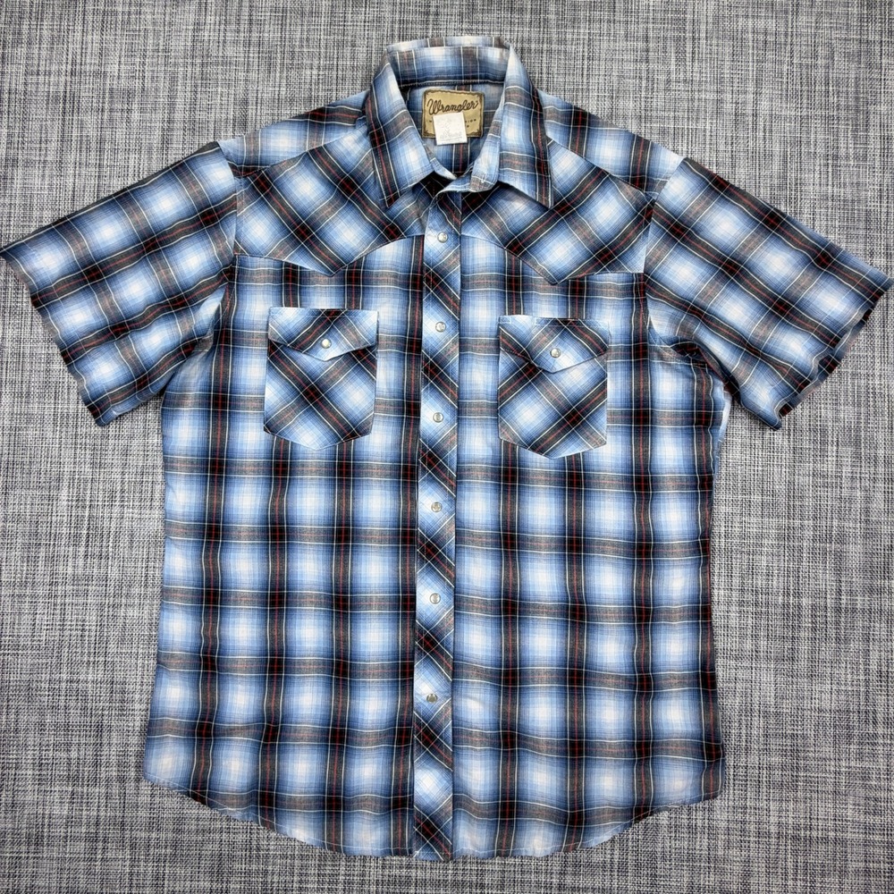 Wrangler Mens Large Blue Plaid Western Pearl Snap Shirt Short Sleeve Pockets